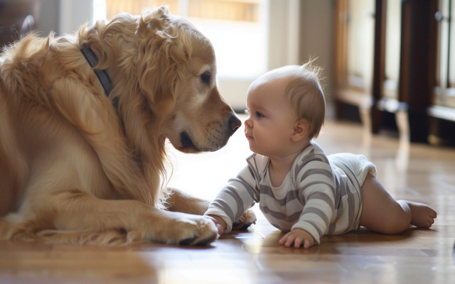 Golden Retriever dog playing gently with a child under adult supervision