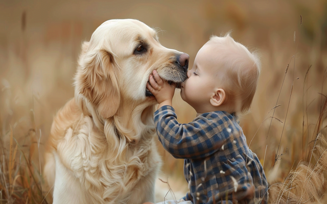 Golden Retriever dog playing with a child