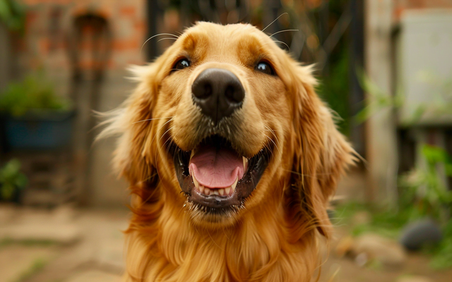 Golden Retriever dog smiling or playing