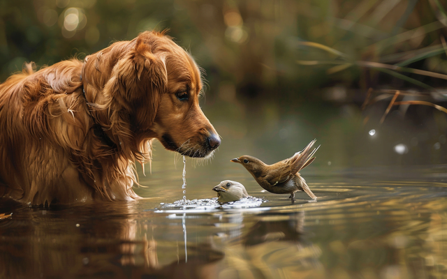 Golden Retriever gently picks a bird out of the water