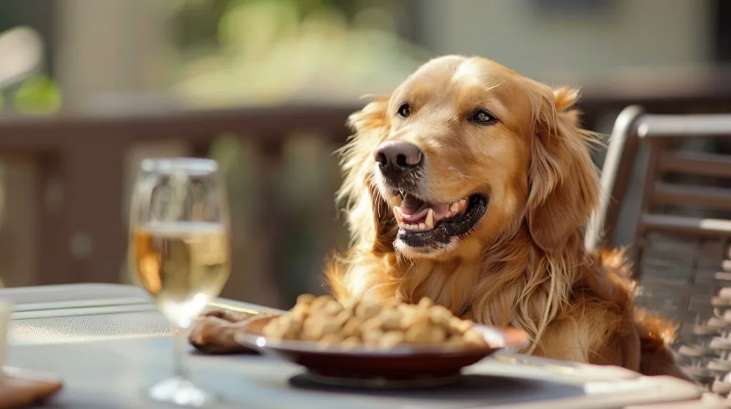 Golden Retriever happily enjoys a healthy meal of ground flaxseed