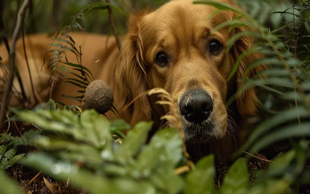 Golden Retriever is lying in the forest.
