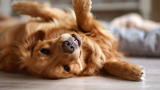 Golden Retriever looking happy and relaxed