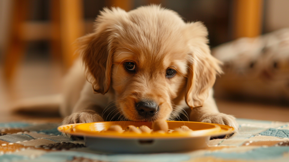 Golden Retriever puppy focused on a puzzle feeder