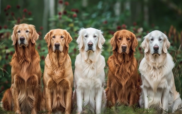Golden Retrievers with coats of different colors.