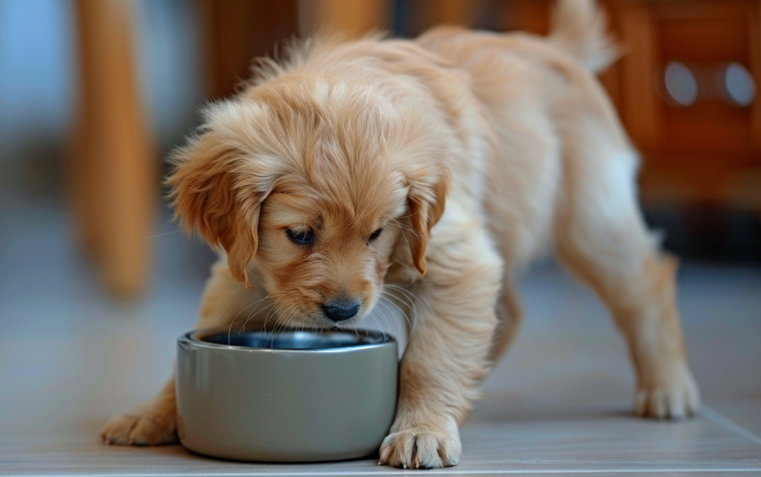 Golden Retriever puppy eating – guide to dog feeding schedules for puppies, adults, and seniors.