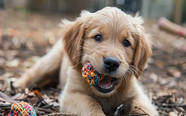 Happy puppy chewing on a chew toy
