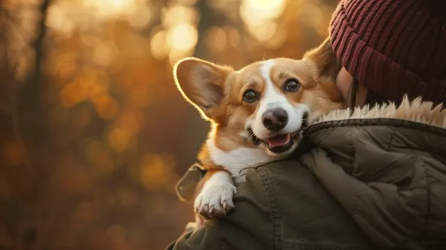 Illustration: A Corgi being cuddled by its owner