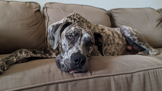 Illustration: A Great Dane on the couch.