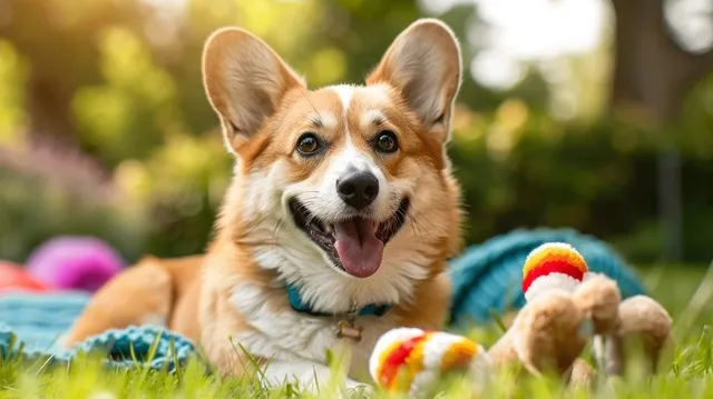 Illustration: American Corgi dog happily playing with toys in the garden