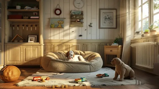 Illustration: a large dog bed and appropriately sized toys.