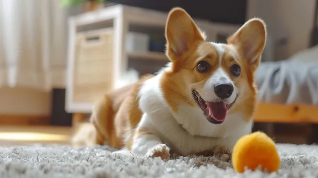 Illustration: an American Corgi happily participating in playtime