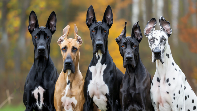 Illustration different coat colors and patterns of Great Danes.