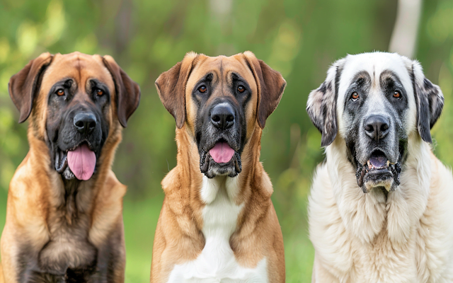 Image featuring a Kangal dog, Great Dane, and a Saint Bernard side-by-side