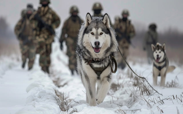 Image of Siberian Husky walking with warriors
