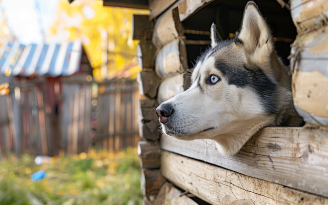 Image of a Siberian Husky dog sheltering in the yard