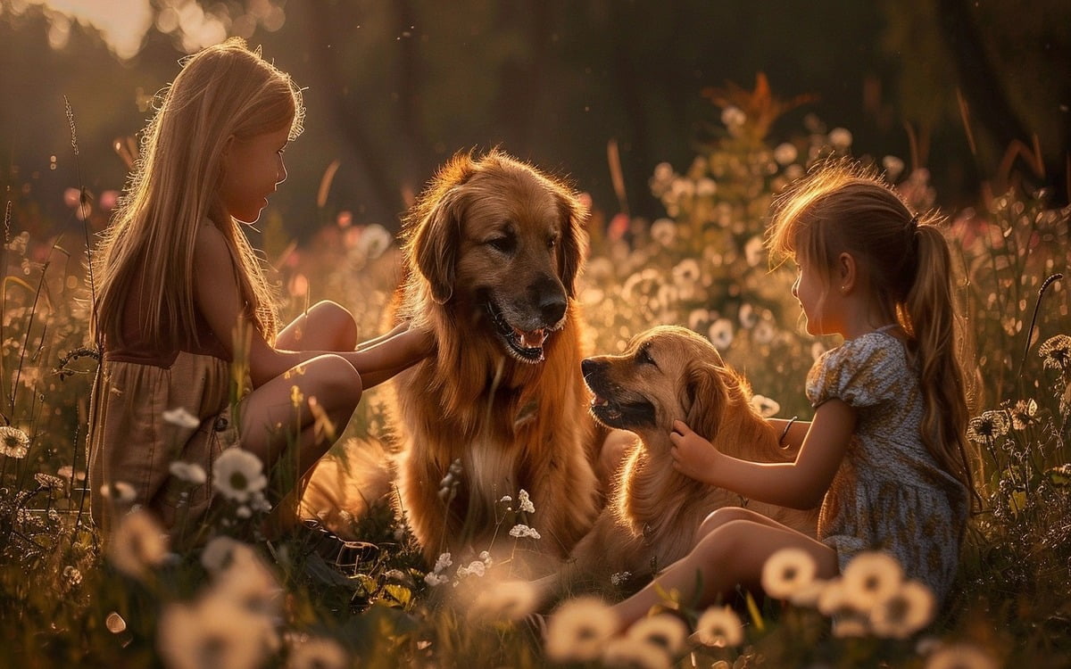 Image of a dog playing with children