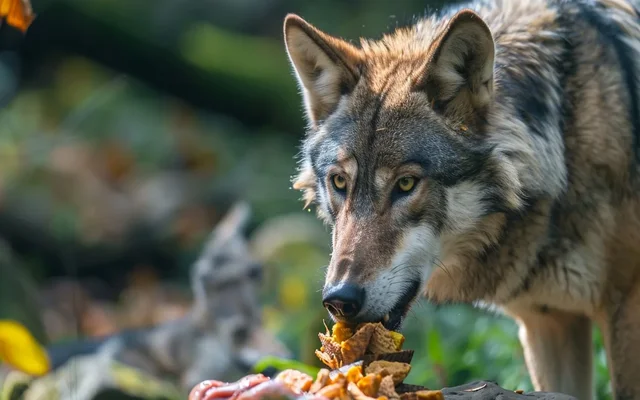 Images of wolves hunting in the wild and dogs eating a variety of foods