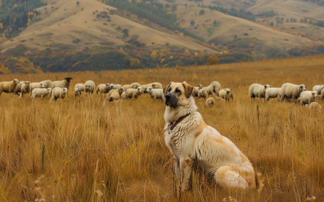 Kangal dog in a field, watching over a flock of sheep