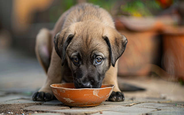 Kangal puppy eating from a bowl