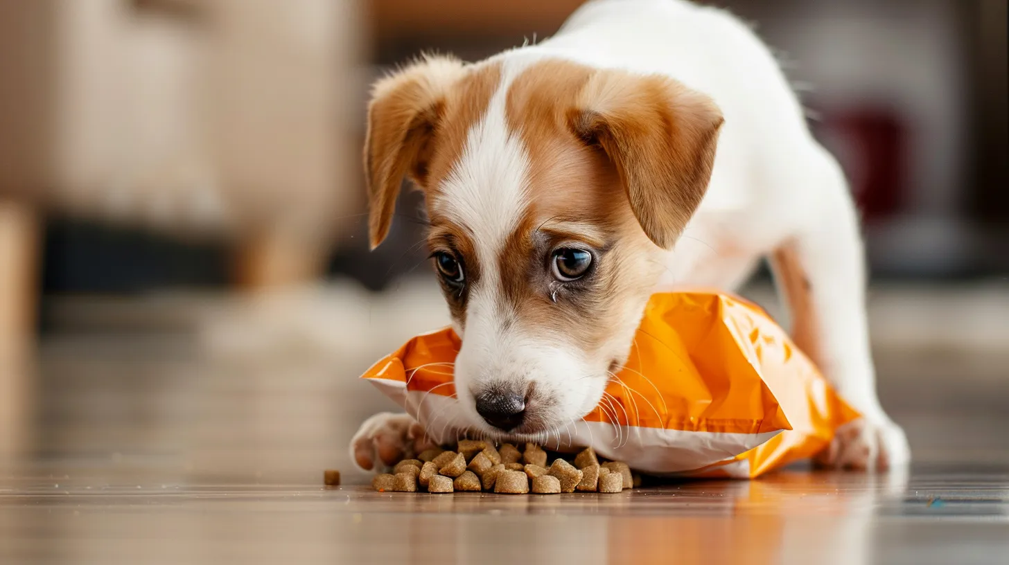 Medium-size puppy curiously sniffing the food bag