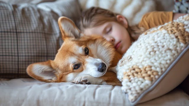 Illustration:Pembroke Welsh Corgi cuddling with a child on a couch