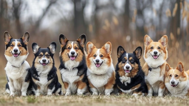 Illustration:Pembroke Welsh Corgis with different coat colors and markings
