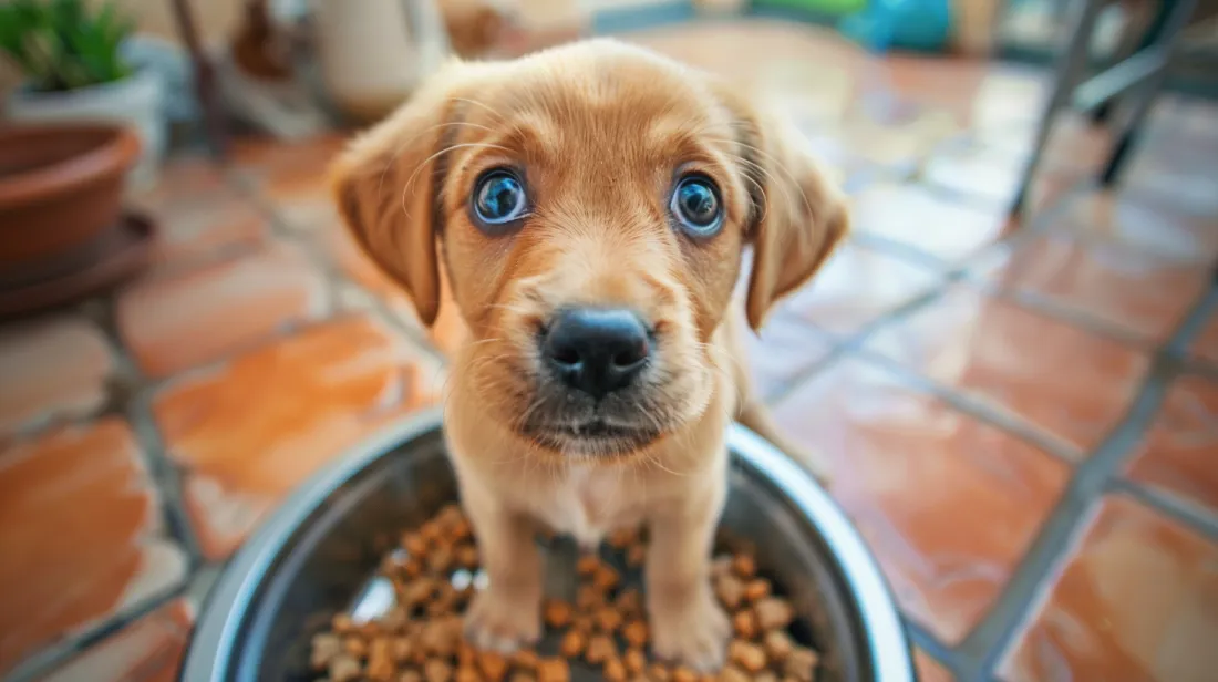 Photos of puppies looking up at their food