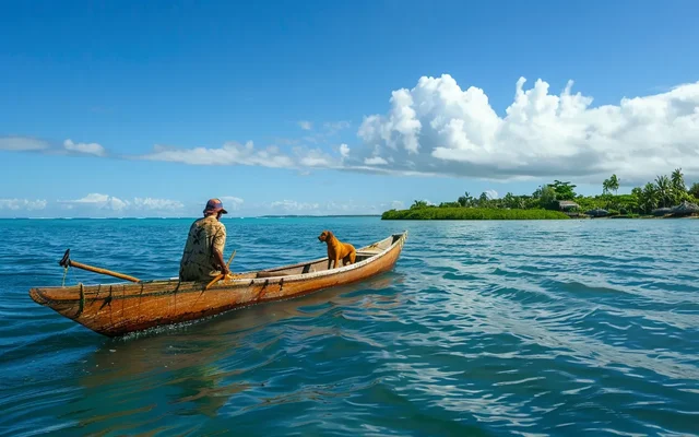 Polynesian canoe with dog aboard