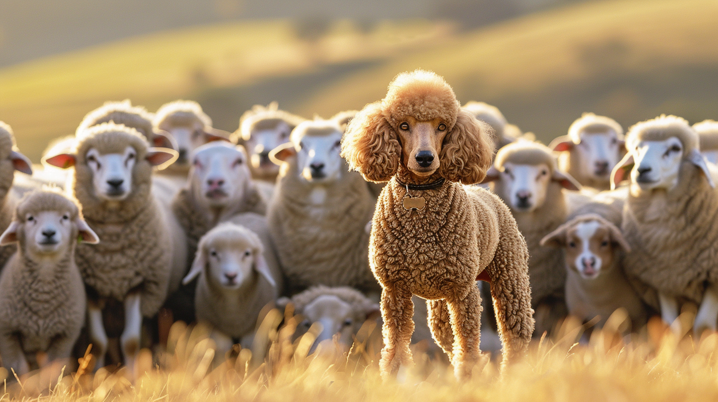 Poodle standing proudly amidst a flock of sheep