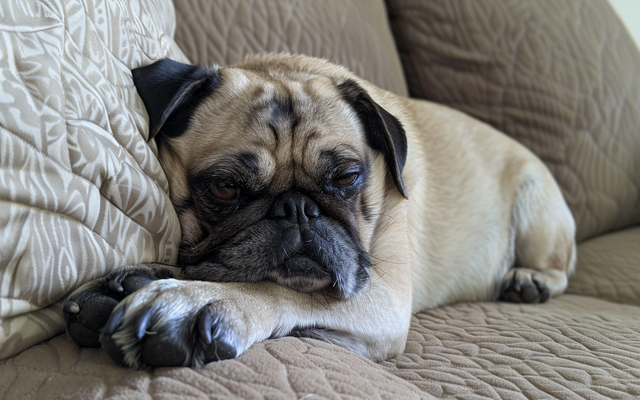 Pug cuddling on the couch