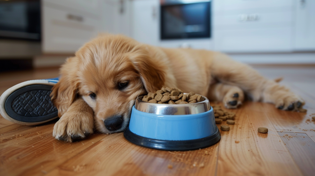 Puppy chewing on a shoe while a full dog food bowl sits ignored