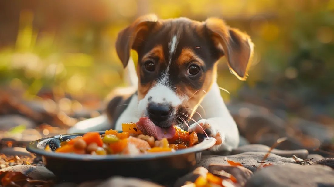 Puppy excitedly licking a bowl of the stew
