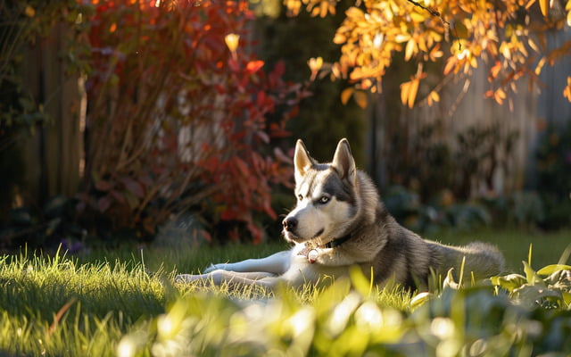 Siberian Husky dog playing in the garden