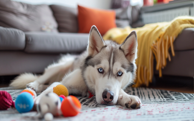 Siberian Husky is playing with toys in the living room