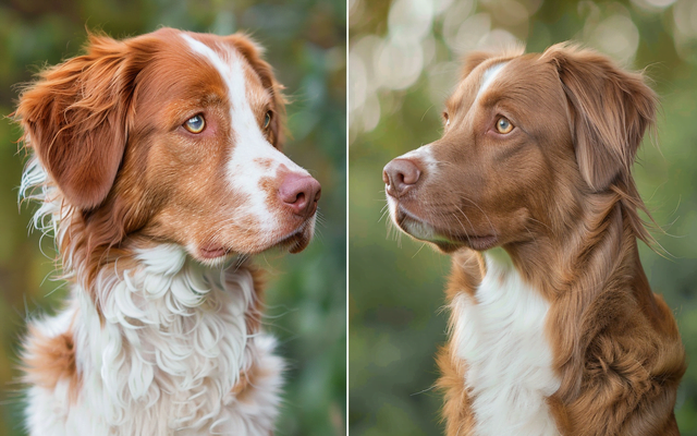 Side-by-side photos of an American Brittany and a French Brittany, showing their subtle differences.