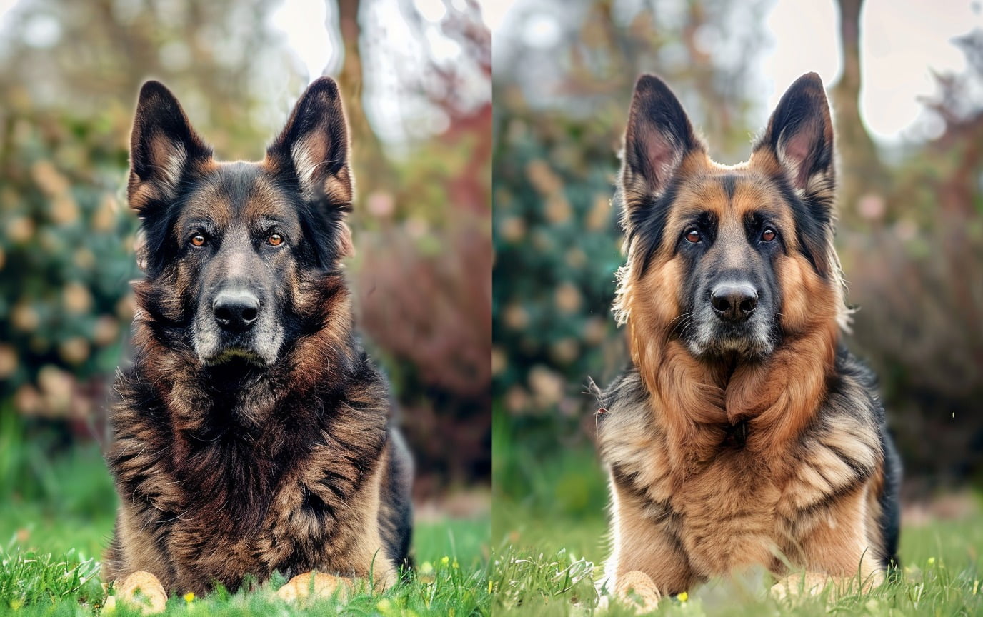 Side by side photos of an underweight German Shepherd and the same dog after successful weight gain looking healthy and strong