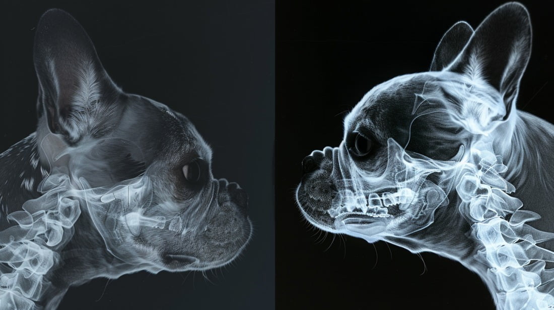 Side-by-side x-ray of a French Bulldog skull vs. a dog with a longer snout