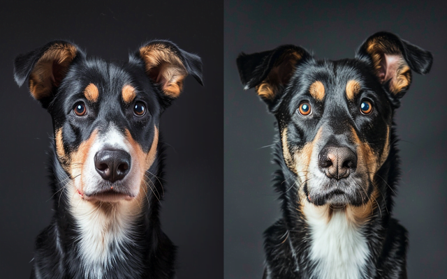 Similar side-by-side photos of dogs with natural ears expressing different emotions versus a dog of a cropped breed with less expressive capabilities.
