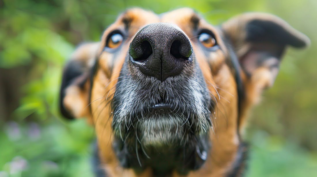 The German Shepherd Bloodhound mix is using its nose to track something!