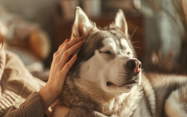 The photo is taking care of a Husky to reduce hair loss