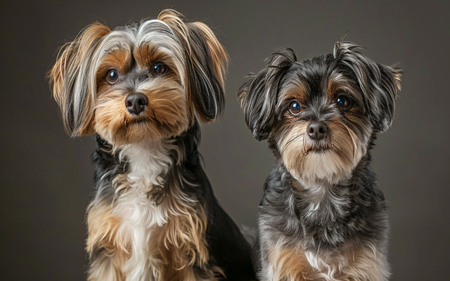 The photo shows two dogs of the same breed, one with a natural tail and ears, one that has undergone grooming and clipping.