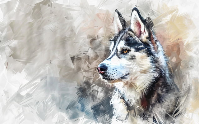 The picture is drawn of a Husky dog in coat condition