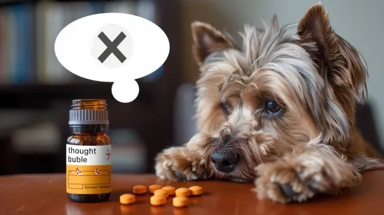 The puppy is looking at a bottle of vitamin E supplements