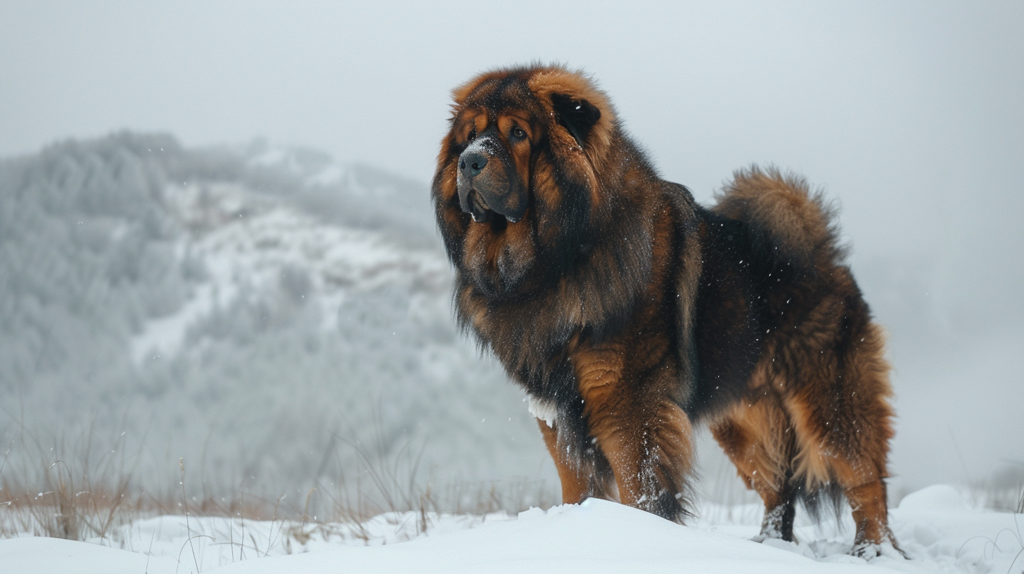 Tibetan Mastiff standing in the snow