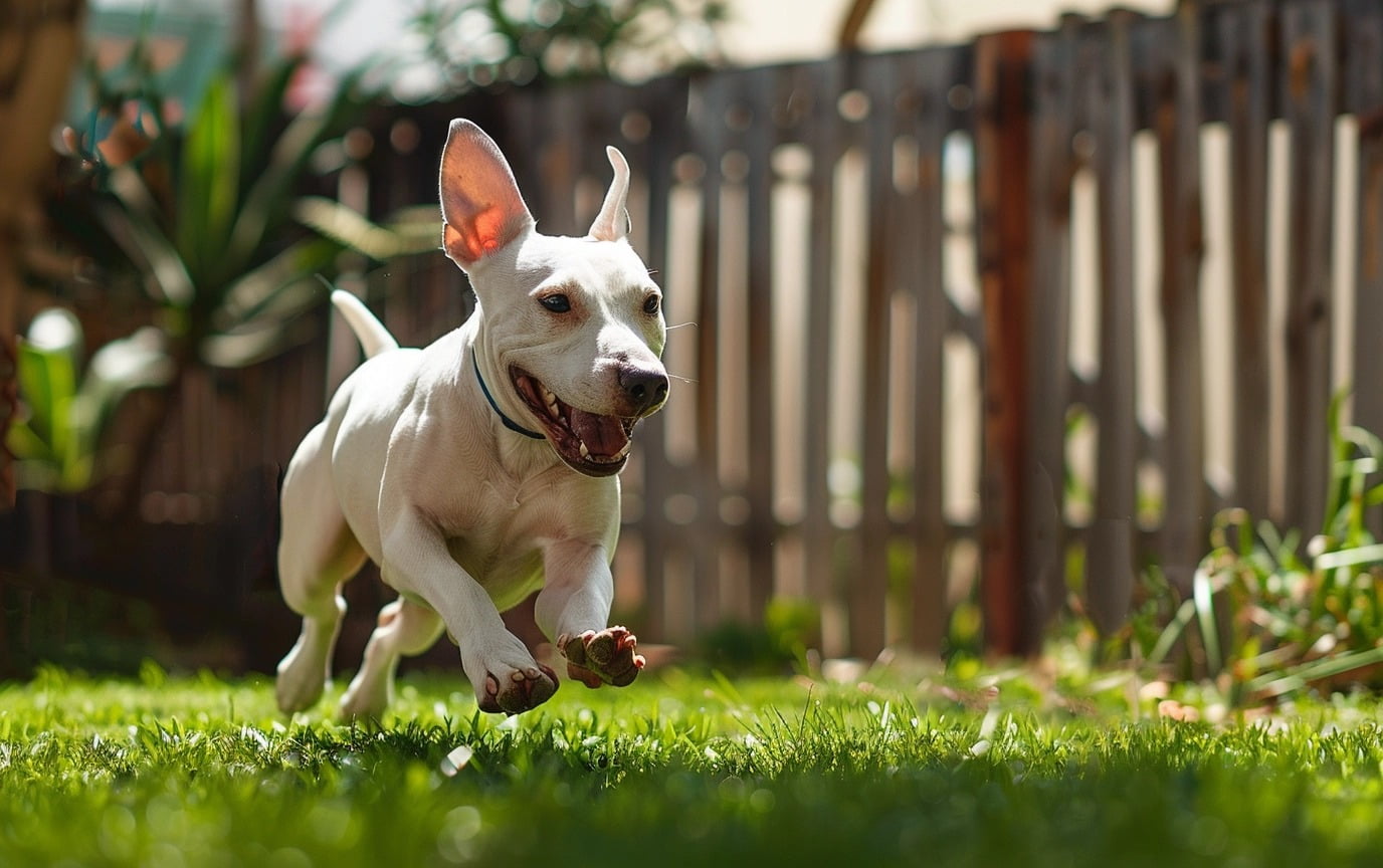 illustration: a Bull Terrier happily playing in a fenced yard