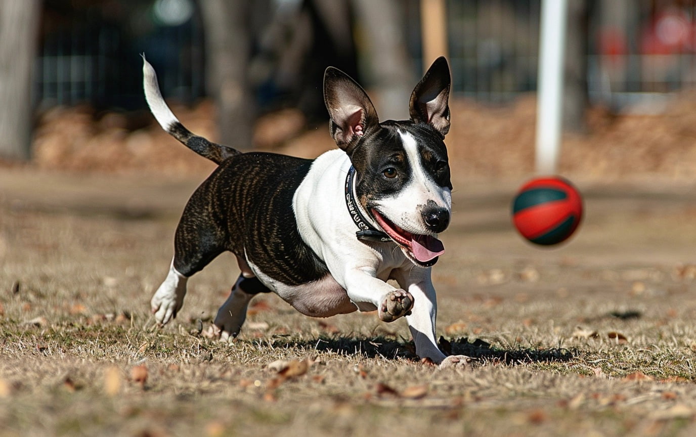 illustration: a Bull Terrier on a brisk walk, another joyfully fetching a ball, and perhaps one participating in agility training.