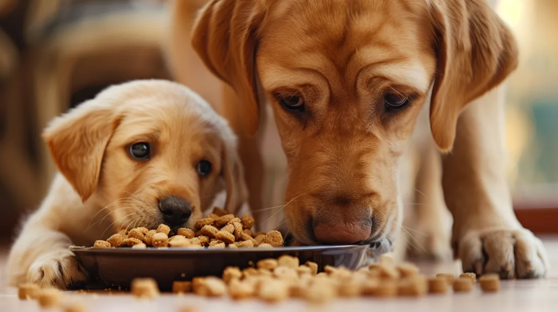a cute puppy eagerly munching on kibble next to a calm adult dog
