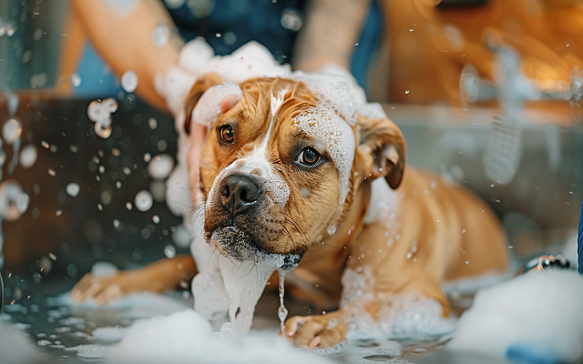 A dog being bathed