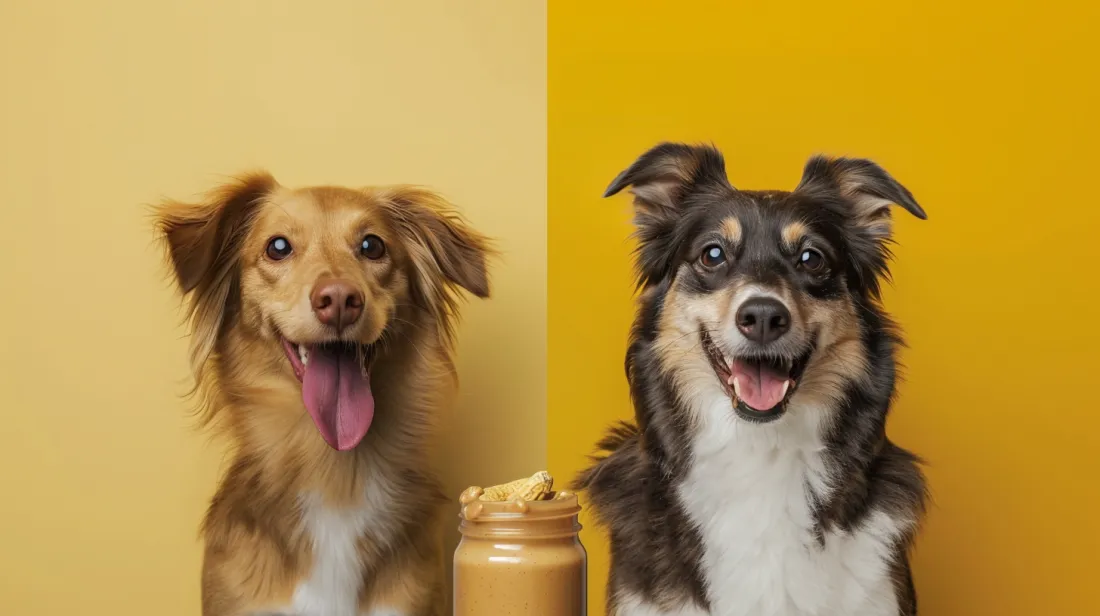 A dog eagerly enjoying peanut butter on one side and a dog looking slightly overweight on the other
